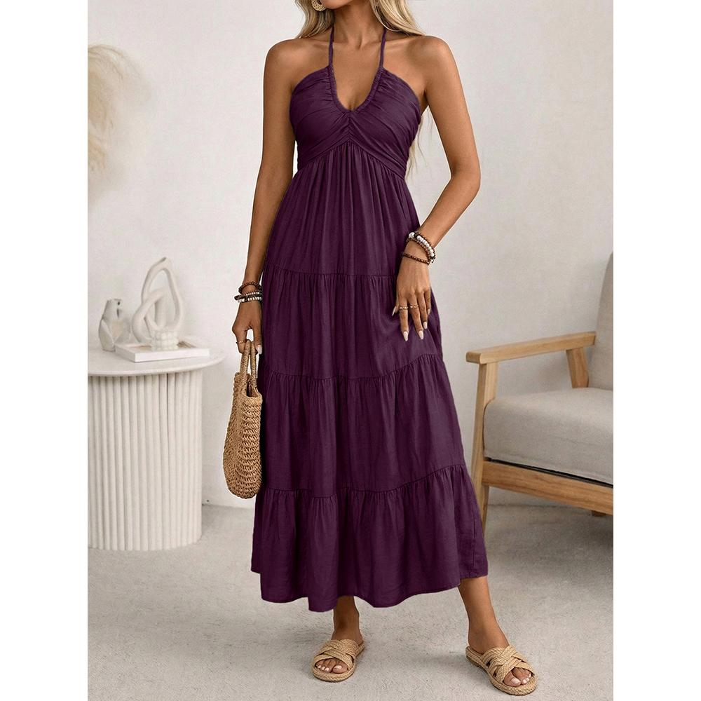 Women's Summer Flowy Maxi Dress Halter Neck Ruched Smocked Boho Beach Vacation Sundress