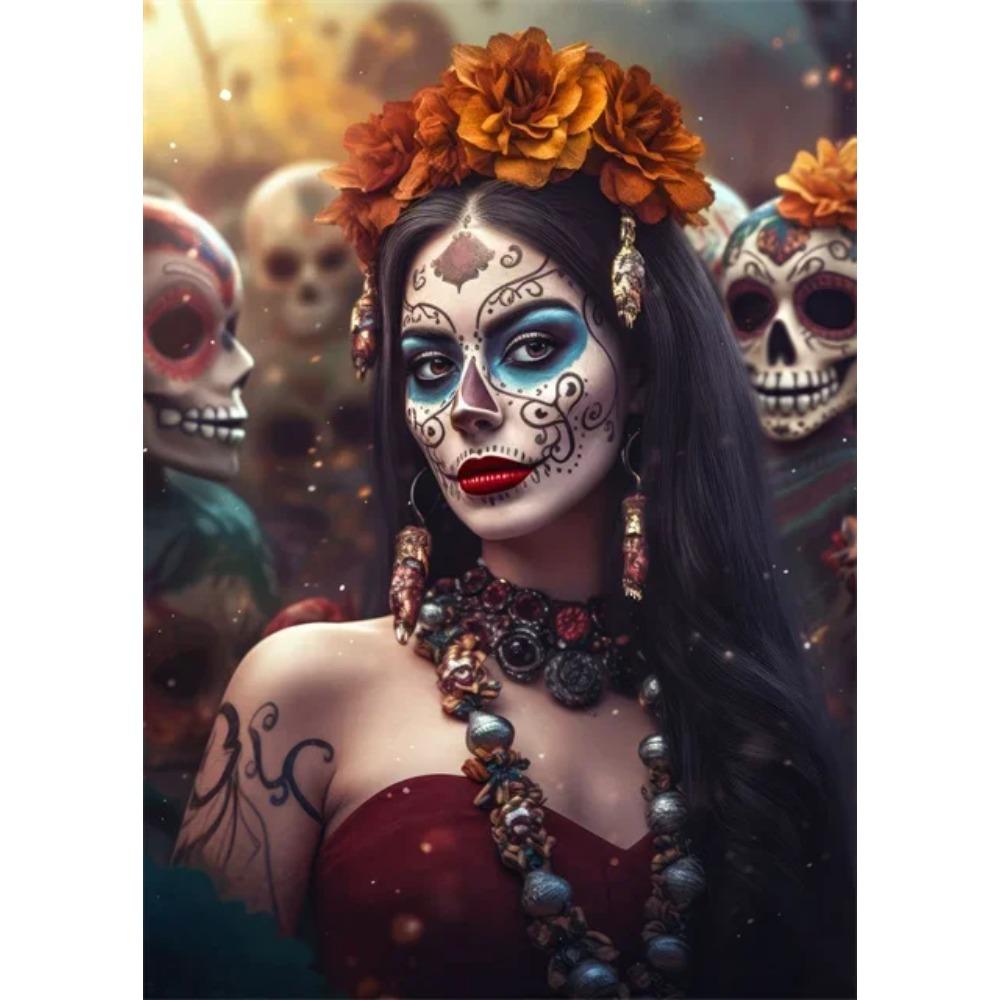 Festive and Mysterious Mexican Girl Day of Dead Gothic Sugar Skulls Canvas Painting Posters Prints Wall Art Picture Home Decor
