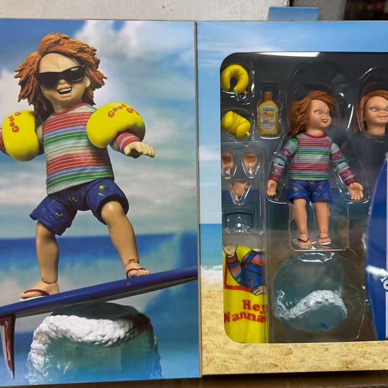 

In Stock Child Play Surf Chucky Cult Action Figure Surfing Doll With Surfboard Beach Towel Accessories Model S 3 Poseable Articulated Scale Detailed