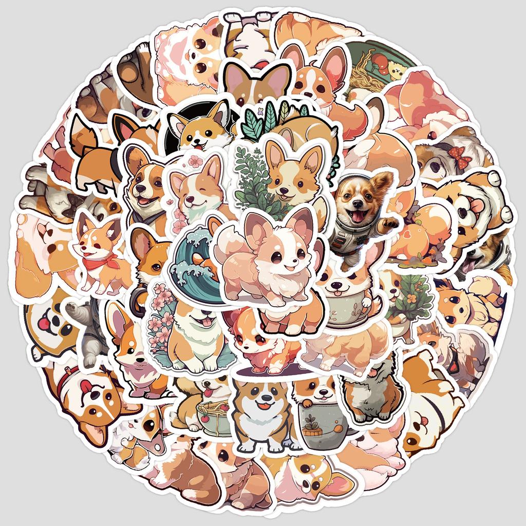 50 Pieces of Cartoon Corgi Dog Graffiti Stickers, Creative DIY Stationery Stickers, Waterproof Decorative Stickers for Mobile Phones and Computers