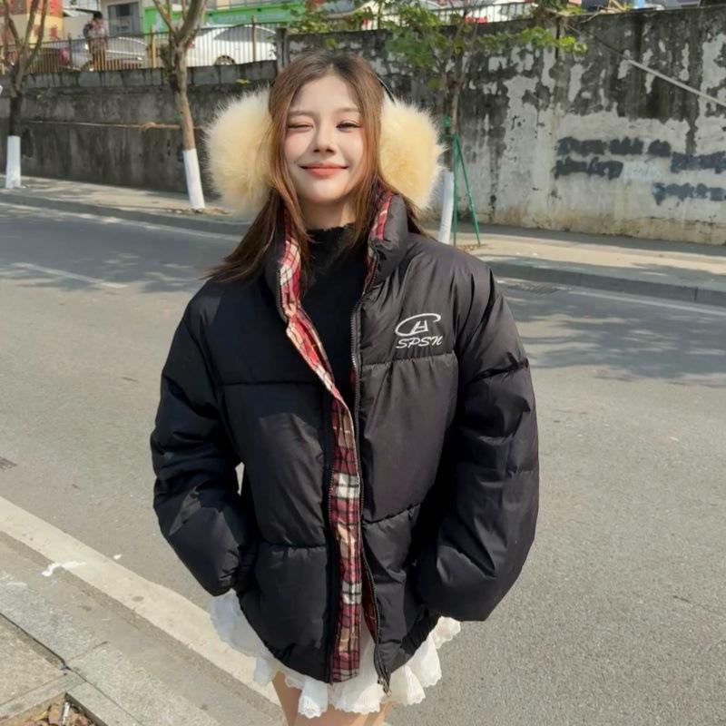 Plaid contrasting color short cotton clothes women's short New Year's thickened warm bread clothes black cotton-padded clothes winter new models