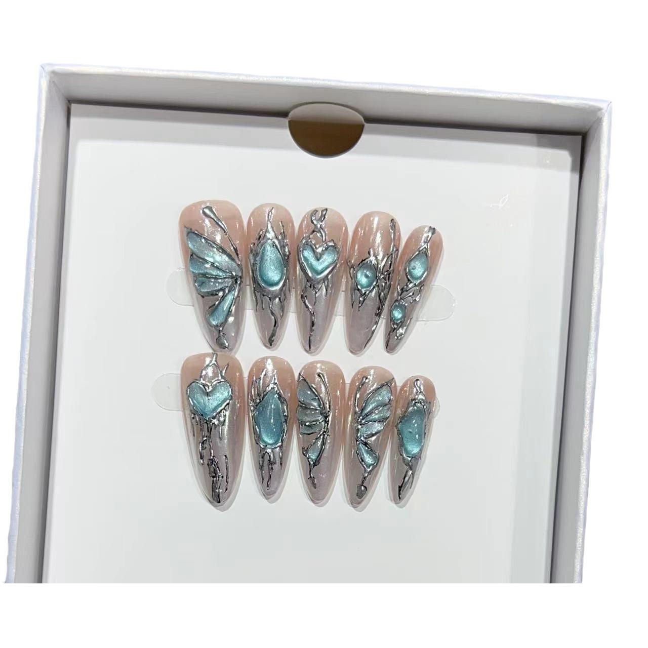 

Расписанная вручную броня, расписанное вручную тибетское серебро, сапфировый текстурированный маникюр, накладка для искусственных ногтей, съемная Large L