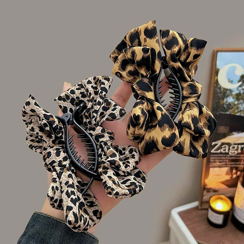1Pcs Vintage Leopard Print Bow Hair Clip For Women  New Fashion High Ponytail Shark Clip Hair Grab Hair Accessories