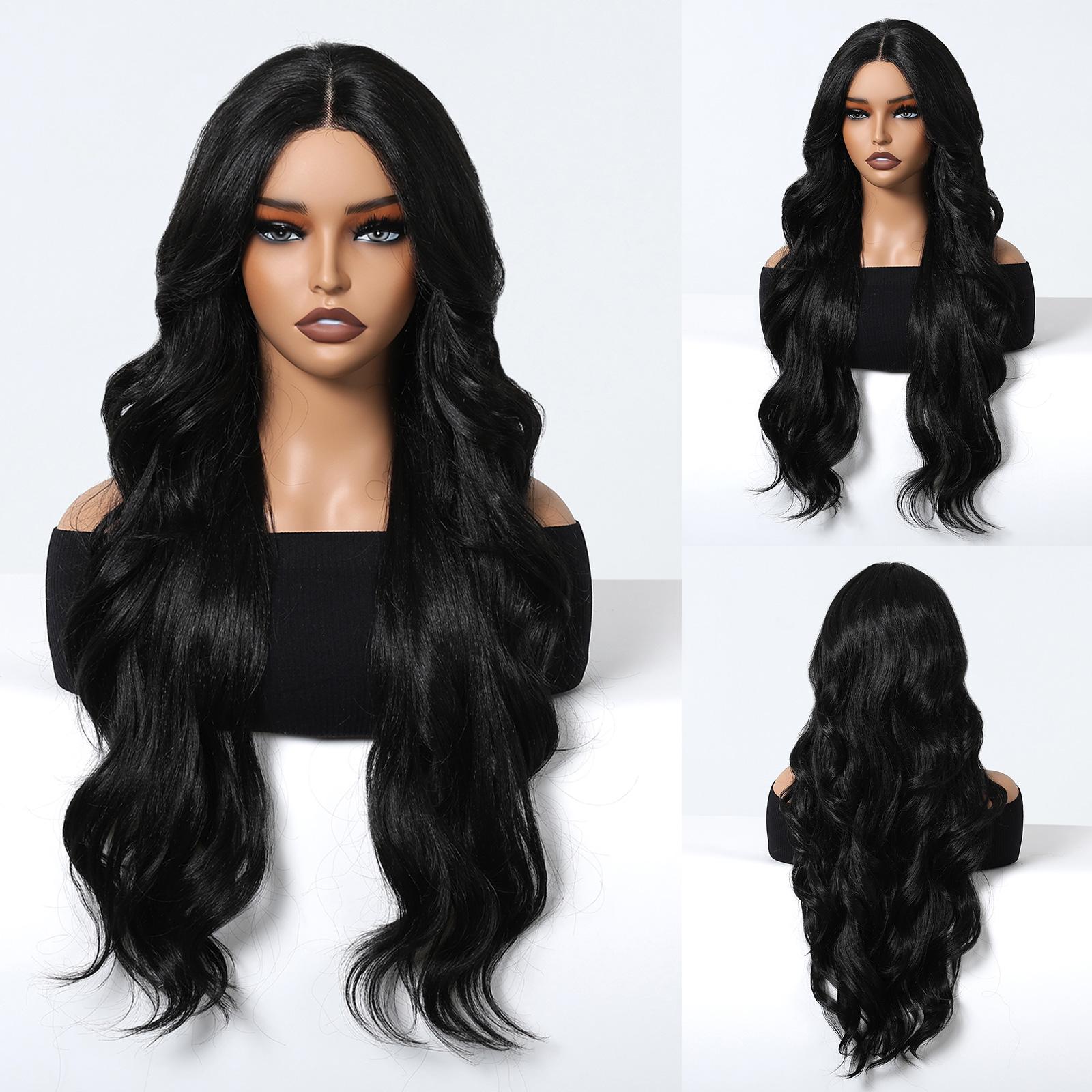 

EASIHAIR Черный с мелированием Парик на кружевной основе спереди Длинный волнистый синтетический парик с кружевом Пробор набок Высокая плотность Термостойкий Для ежедневного использования Кружевной парик