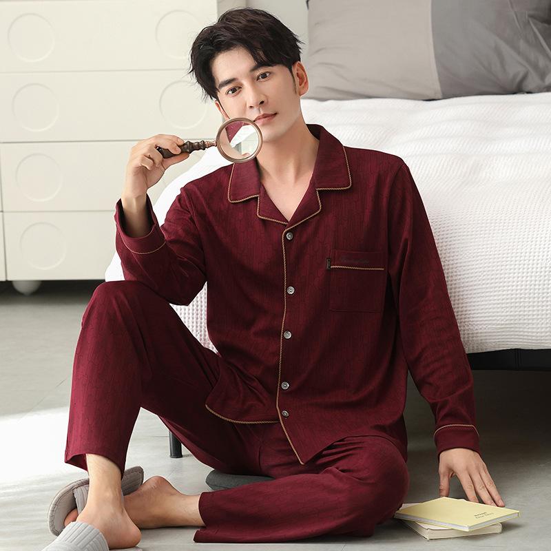 Pajamas Men'S Spring And Autumn Autumn Cotton Long Sleeve Loungewear Men'S Burgundy Dad Cotton Suit
