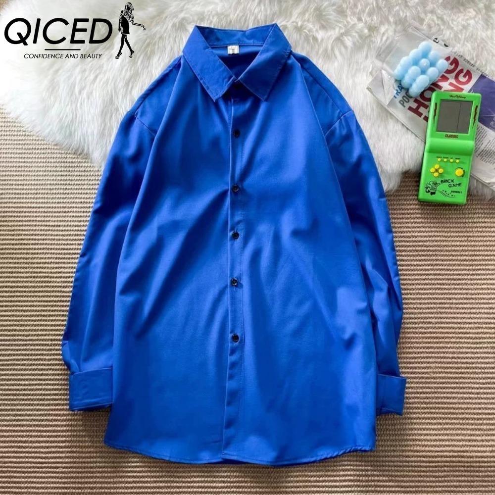 

QICED Женские модные повседневные однотонные блузки и рубашки-поло с длинным рукавом с принтом XXXL ярко-синий