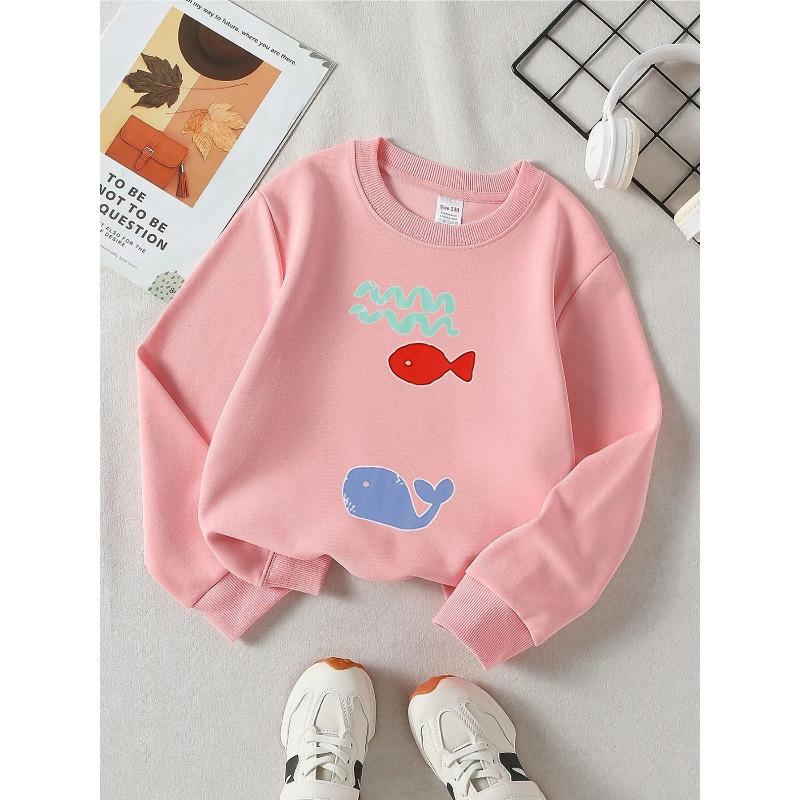 European Sizes Kids' Crewneck Sweatshirt - Red Fish Blue Whale Waves , Sportswear And Casual Wear, Soft And Comfortable, Children's Clothing