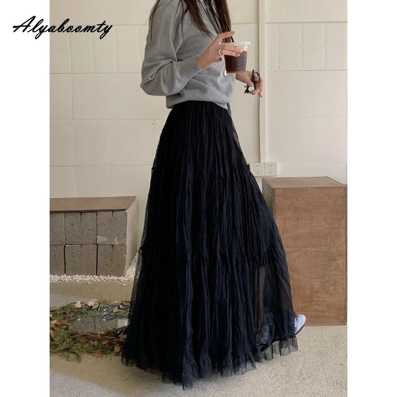 Spring Summer Women Fairy Long Skirt High Waist Gray Apricot Black Yellow Mesh Skirt Romantic Ruffles Tierred Skirts Womens