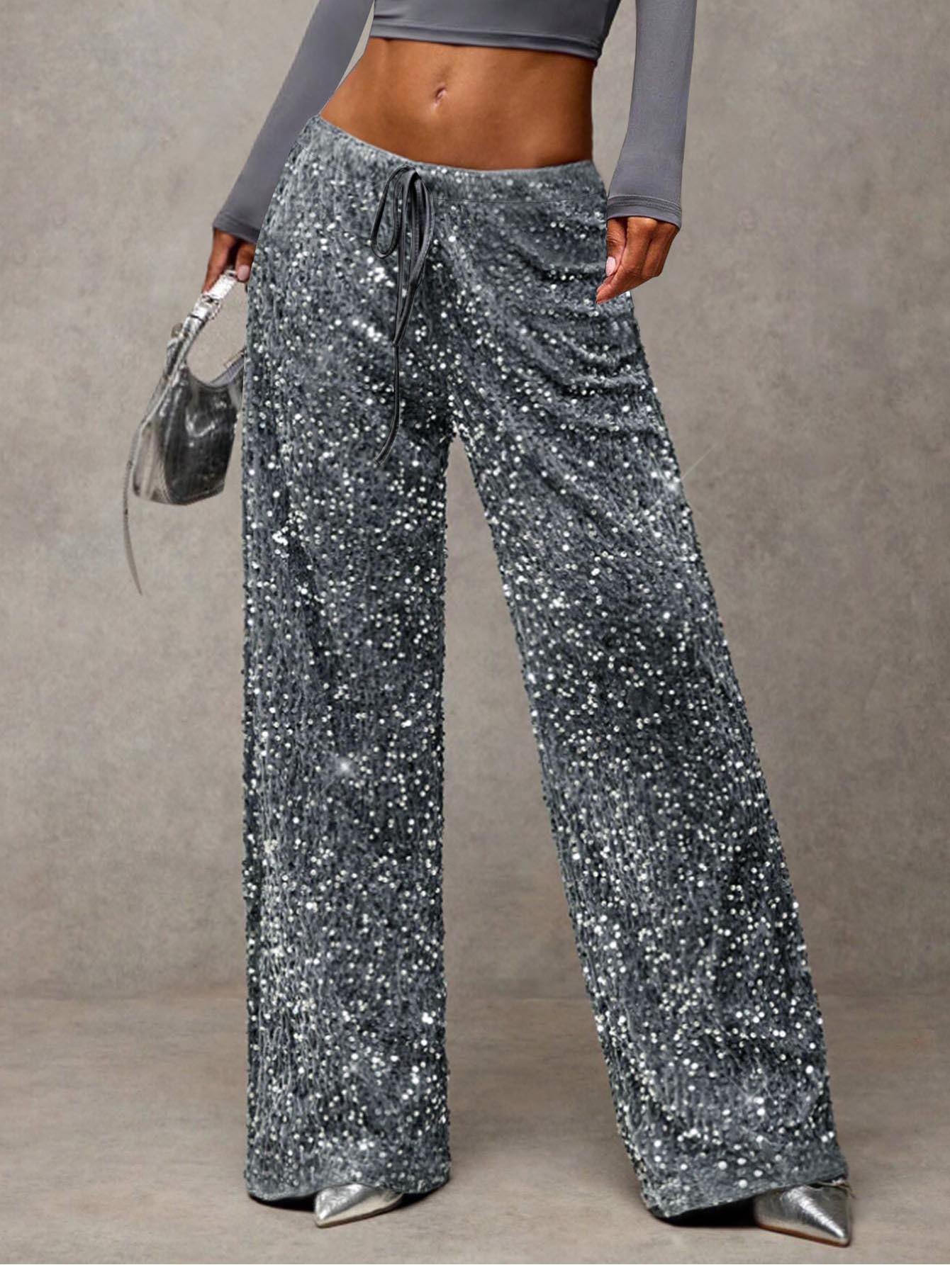 

Sequined Drawstring Slimming Straight-Leg Pants - Women s Fashion XXL сірий колір