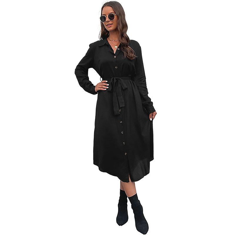 Autumn and winter elegant commuter style shirt collar black dress long dress