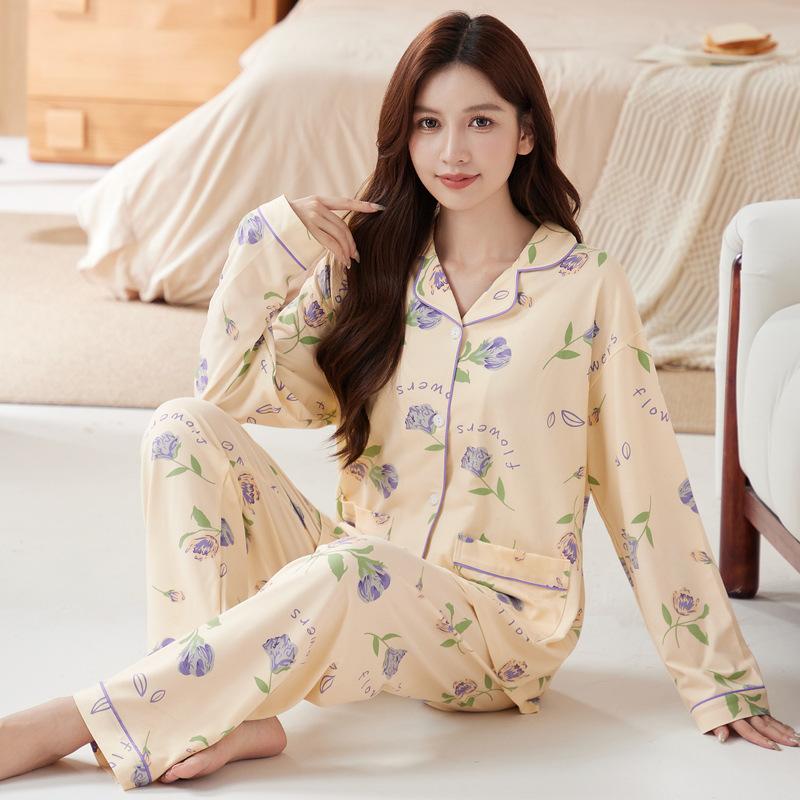 Spring and Autumn New Floral Double Pocket Imitation Cotton Pajamas Loose Large Size Mother Loungewear Long Sleeves Trousers Set