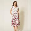 Women's Collar Cap Sleeve Cherry Print Midi Dress High Waist Self Tie Belt Casual Vacation Shirt Dress