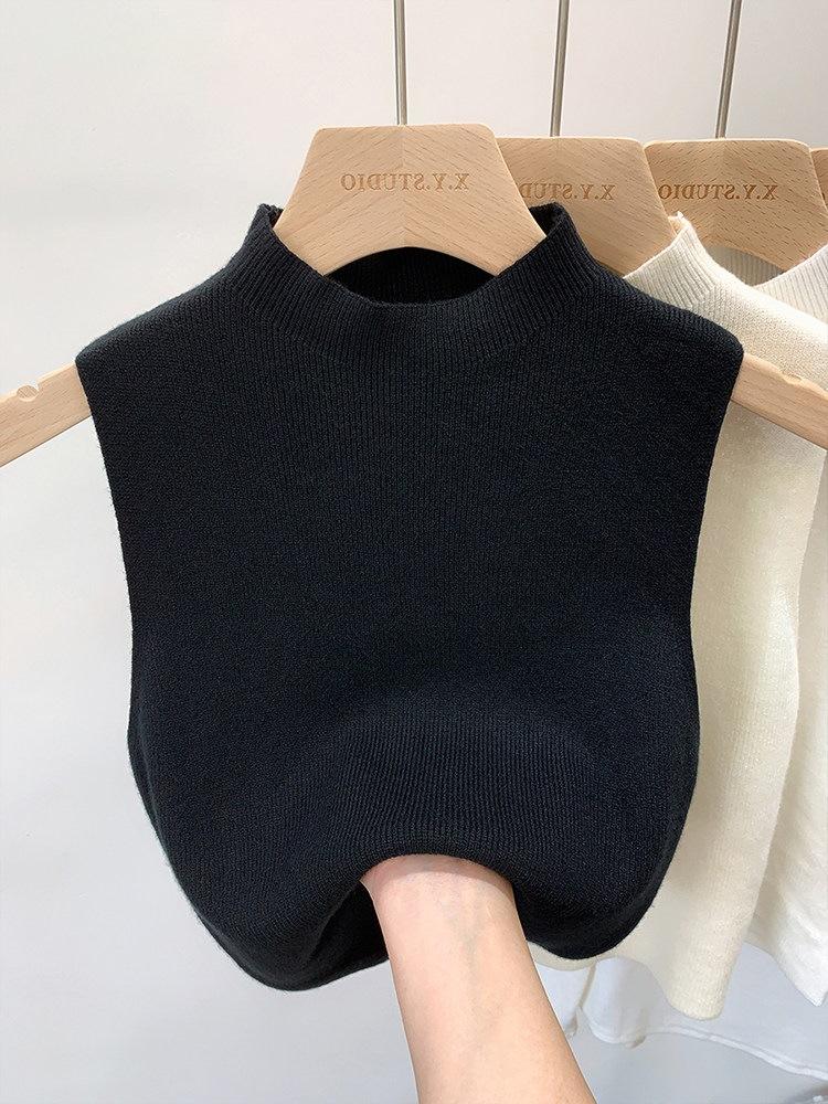 Semi-turtleneck Knitted Suspender Small Vest Women's Early Autumn Spring Suit with Bottoming Shirt Inside, Sleeveless Outer Wear Short Sweater Winter