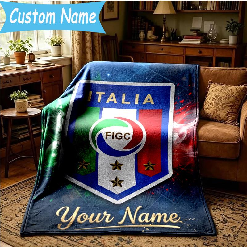 Custom Name Italy Football Crest Blanket Flannel Blanket for Camping, Hiking, Garden Parties, Picnic Essentials,gift for family and friend