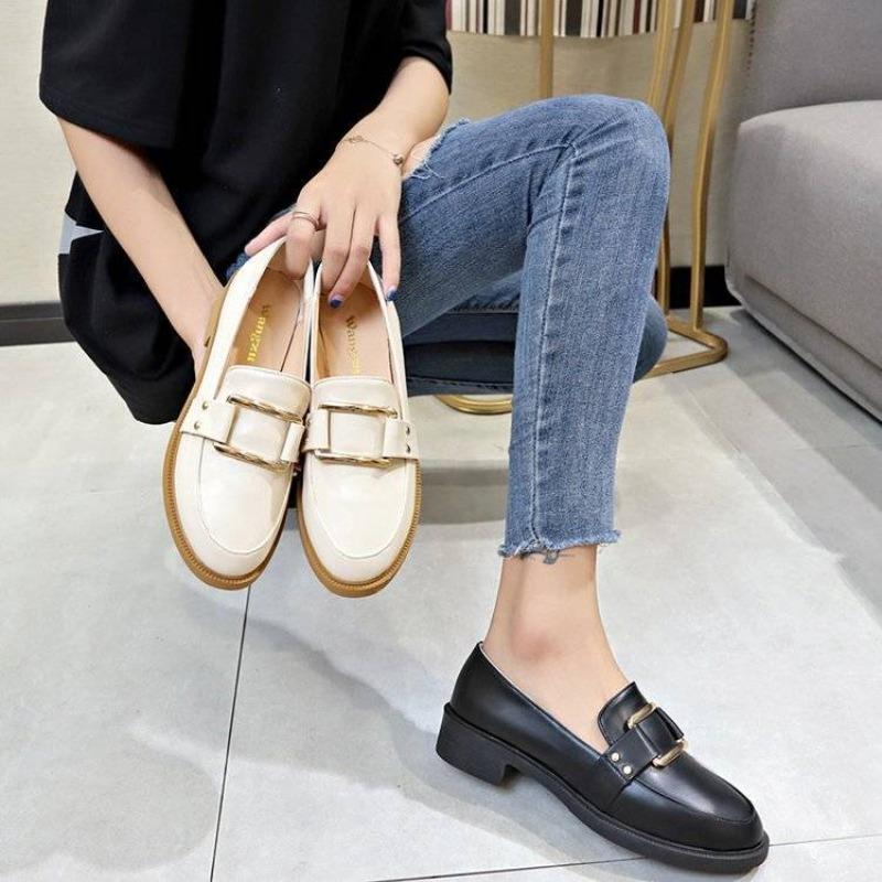 Fashion Shoes For Women Black Luxury Leather Casual Woman Pumps Square Heels Round Toe E Genuine Mark Wholesale Elegant Dress Chic Point