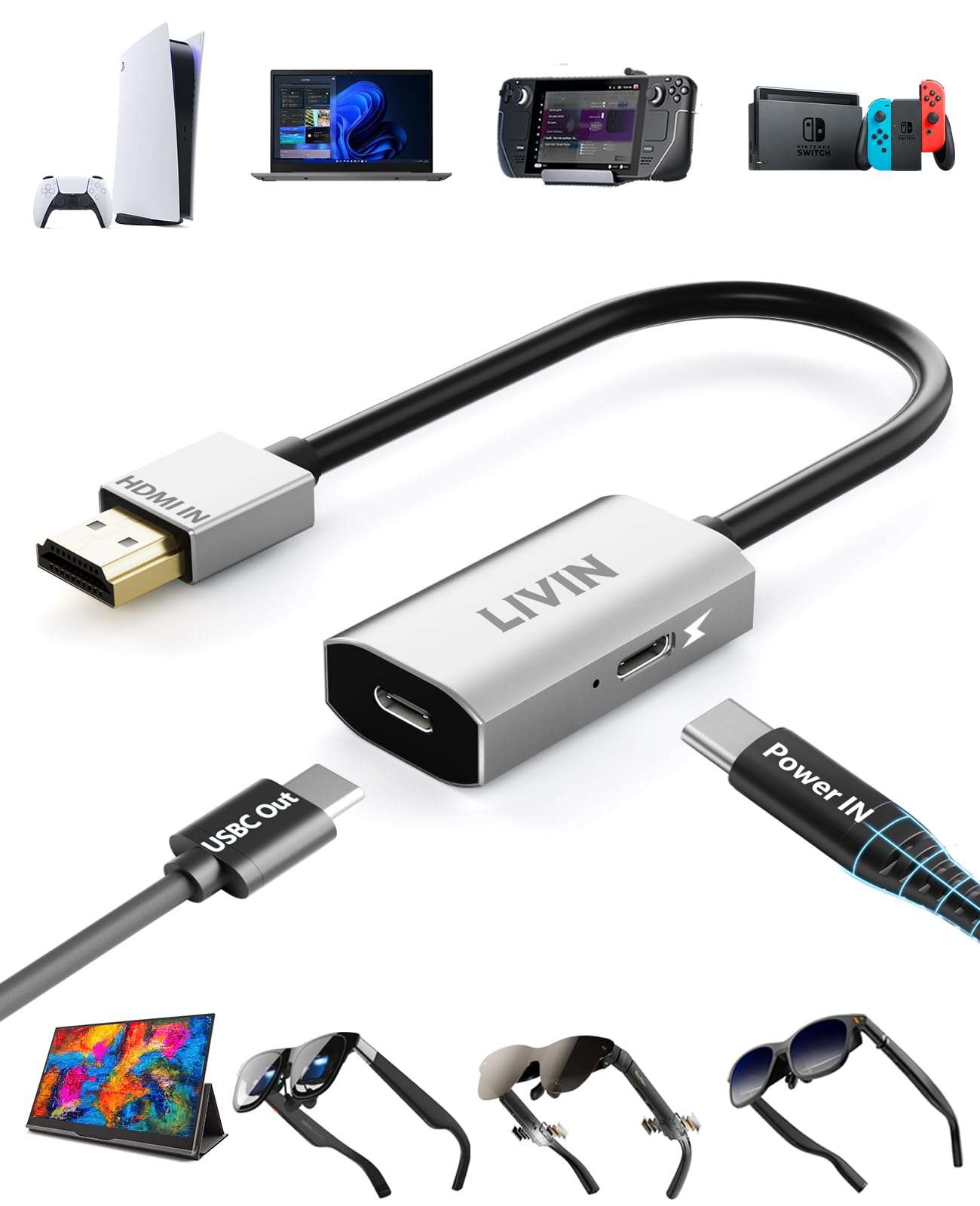 

HDMI to Type-C Compatible 4K60Hz AR Smart Glasses Adapter for XREAL One Air 2 Pro, VITURE Luma One, Rokid Max, and RayNeo Air 2s3s. Streams Audio and