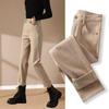 Women's High-Waisted Slim-Fit Khaki Cigarette Pants with Velvet Lining for Autumn and Winter