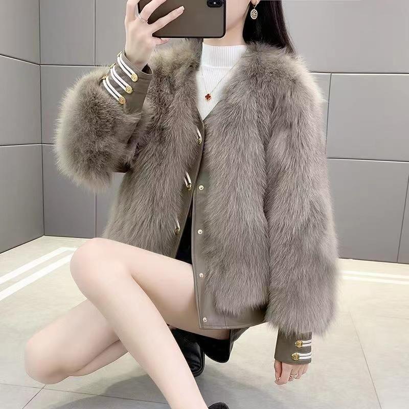 New imitation fox fur jacket winter temperament leather jacket short 2024 crew neck cotton coat young