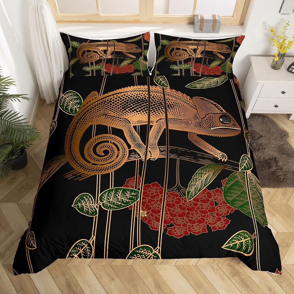 Lizard Warm Comforter Cover for Tens, Reptile Soft Duvet Cover Twin Sized Dimensions, Bohemian Paisley Batik Beding Set Exotic Animal Comfortable