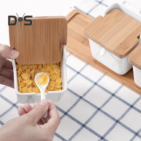 250 ml Flip Lok Krydderboks med skje Keramisk Krydder Salt Sukker Kryddergryte Kjøkken Gadget