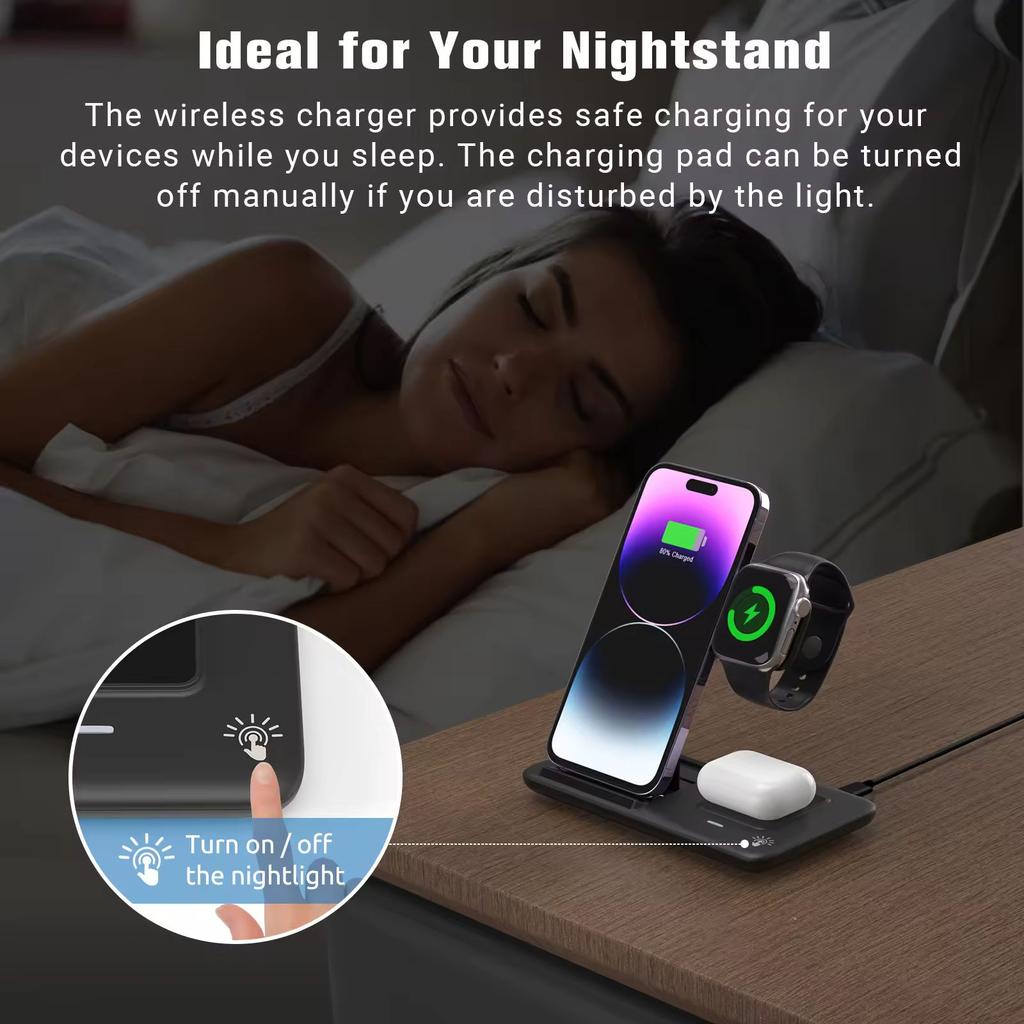 High Quality 15W Foldable Strong Magnetic 3-in-1 Fast Charging Wireless Charger with Holder Stable for iPhone 15 Pro Max 16