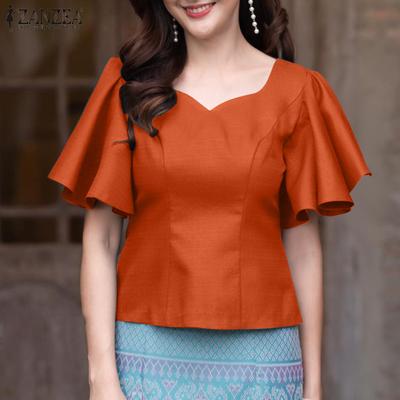 Women Casual V-Neck Ruffles Short Sleeve Loose Summer Blouse