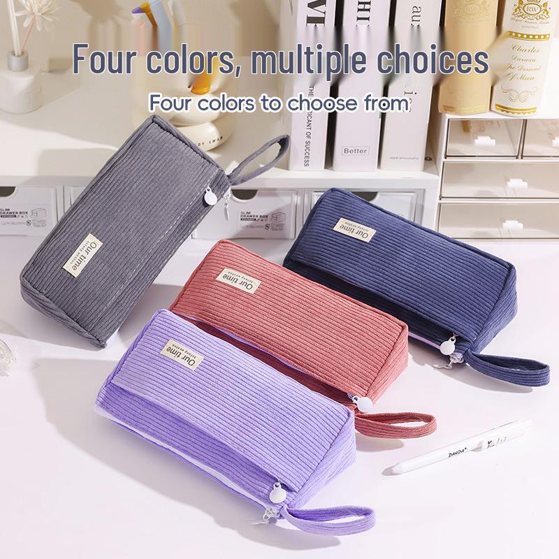 Stylish Korean Corduroy Pencil Case - Large Capacity, Solid Color for Junior High Students