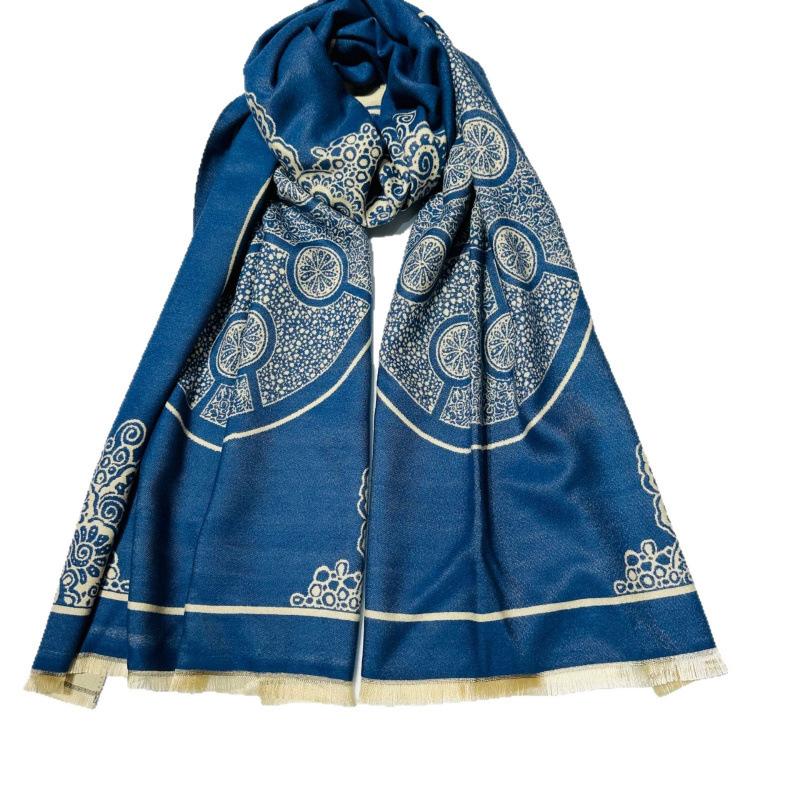 Chinese Style Blue and White Porcelain Pattern Shawl for Women in Autumn and Winter Versatile Double Sided Elegant Air Conditioning Shawl Warm Scarf