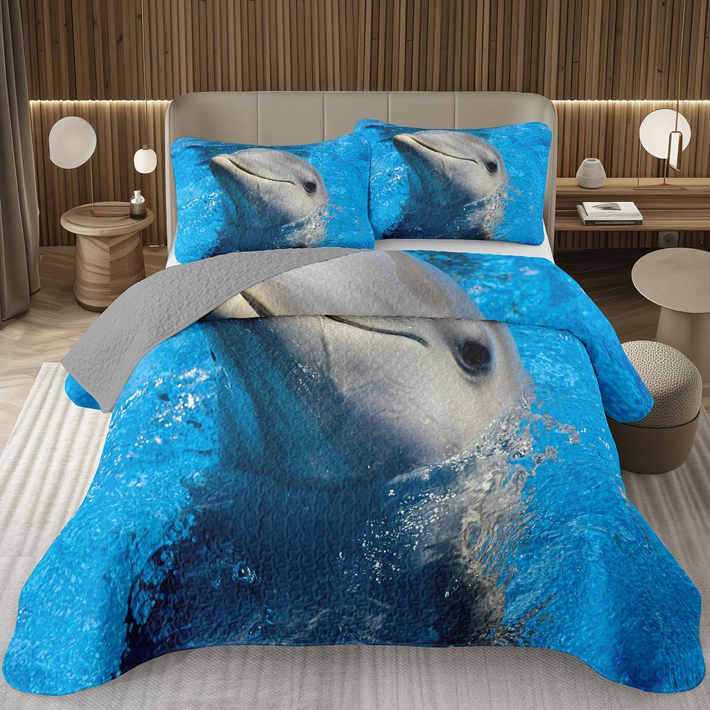 Cute Dolphin Bedspread Twin/King Reversible Grey Quilted Coverlet Ocean Animal Bedding Set 2/3 Pieces Soft Lightweight Quilt Set