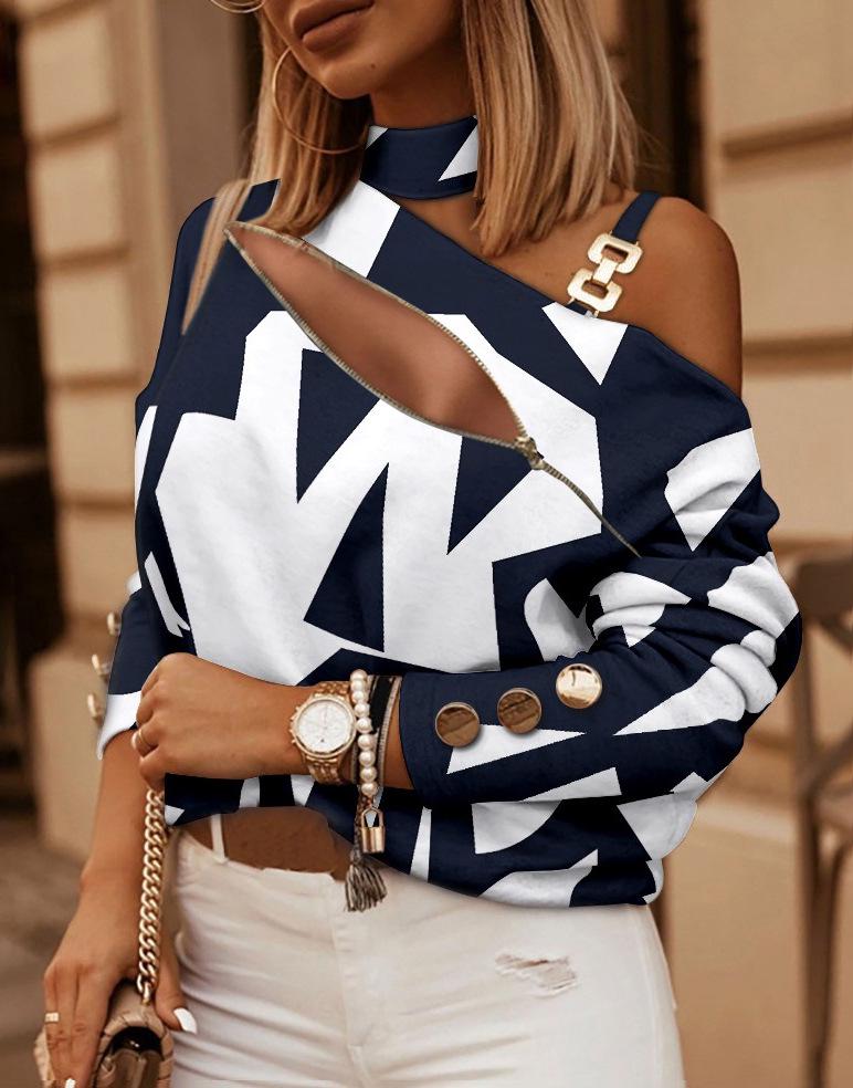Women's Fall/Winter Long-Sleeve Chain Halter Neck Printed Button-Decorated Tops