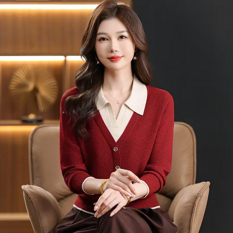 

Women s Color Block Knit Sweater with Lapel and Faux Two-Piece Design Large красный