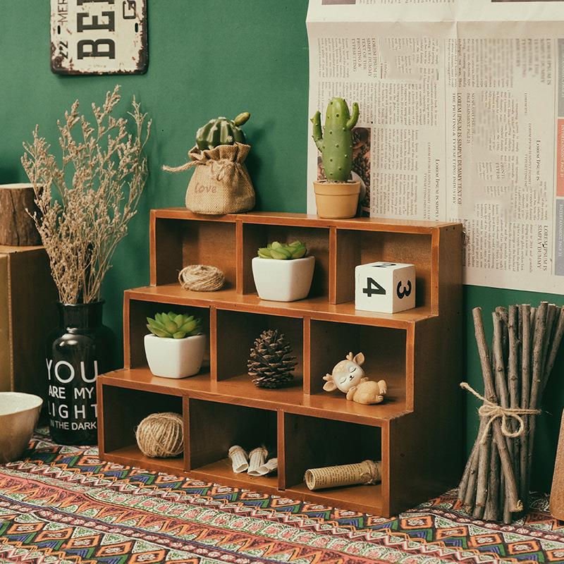 1pc Rouge/Bleu 9 grilles Étagère de Rangement Murale en Bois Vintage, Présentoir de haute qualité pour bijoux et objets de collection de bureau.