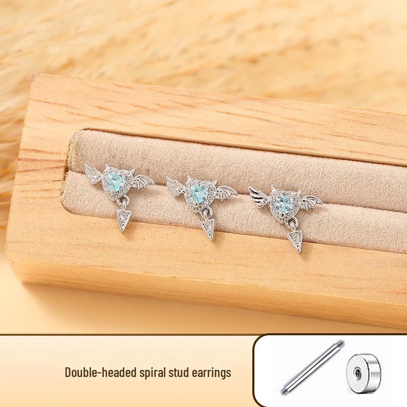Versatile Little Devil Heart & Wings Zircon Stud Earrings for Cartilage & Cochlea - Halloween Accessory