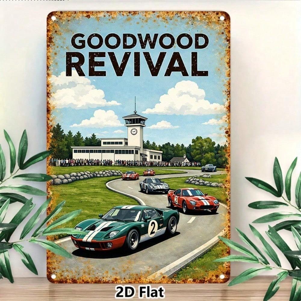 Goodwood Revival Vintage Racing Tin Sign, Retro Metal Wall Art for Garage Man Cave Decor, Classic 2D Car Ornament