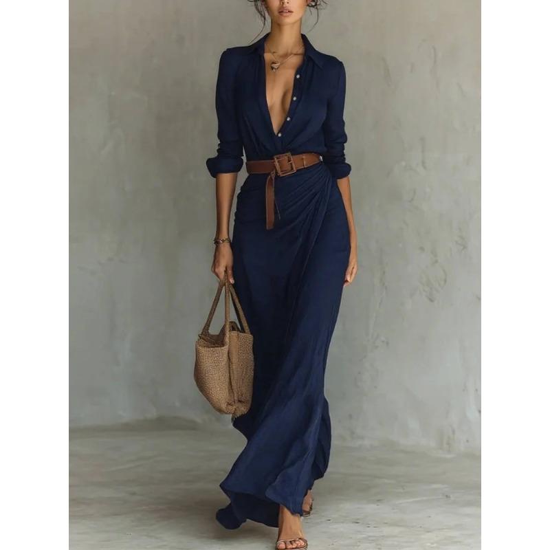 Beautiful Women's Autumn Elegant Temperament Sexy Solid Color Irregular Pleated Dress with Belt