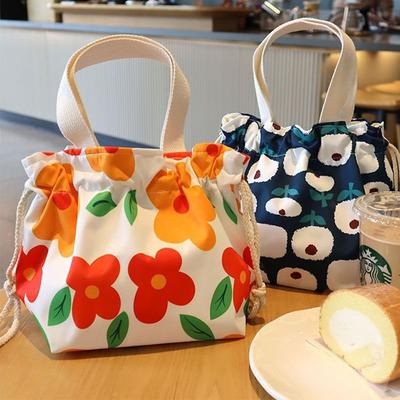 Lunch Bag Cartoon Flowers Canvas Lunch Box Drawstring Picnic Tote Eco Bento Bag Handbag Dinner Container Food Storage Bags