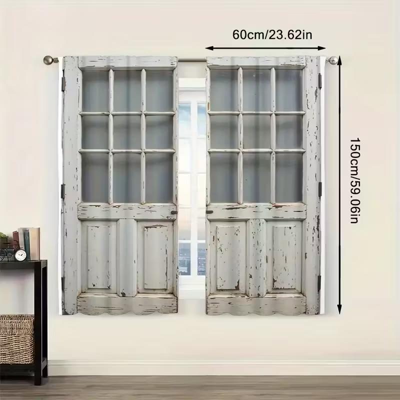 2PCS rural barn door printed curtains   pole bag polyester material design   bedroom   home decoration