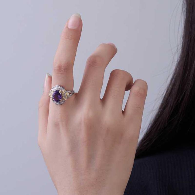 Sace Gems Inele de lux cu ametist natural, redimensionabile, din argint 925, pentru femei, cocktail de logodna, cadou de bijuterii fine