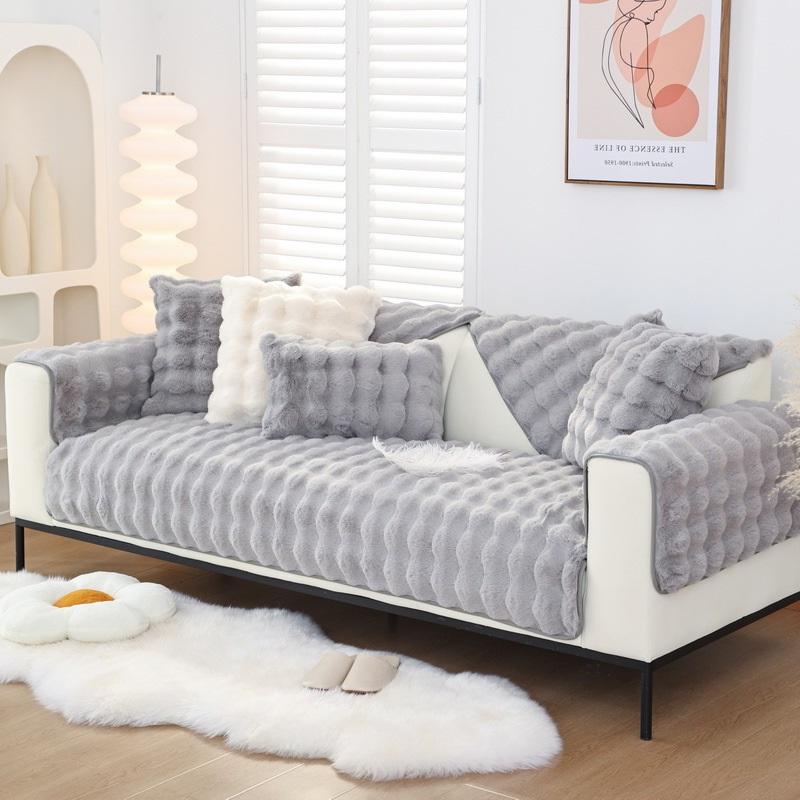 Rabbit Plush Sofa Cover Winter Thickening Warm Plush Cushions Non-Slip Living Room Leather Sofa Backrest Armrests Super Soft