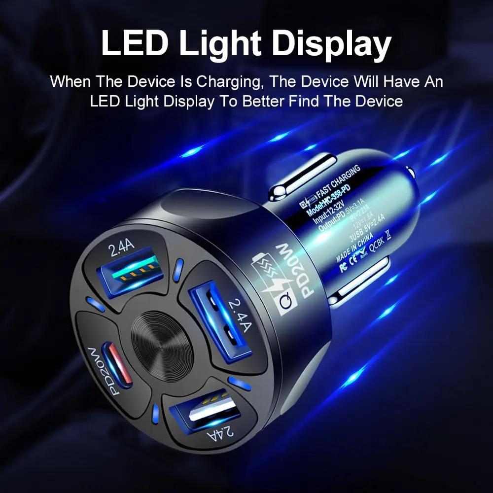 One To Four Car Charger, Cigarette Lighter, Super Fast Charging Three USB+PD Interface, Fast Charging Car Charger Head