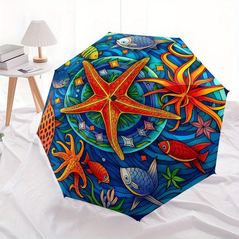 Underwater Paradise: Vibrant Sea Life Stained Cute Window Panel Umbrella, Cute Umbrella with Cute Design, Portable 3-Fold Compact Umbrella for Men & W