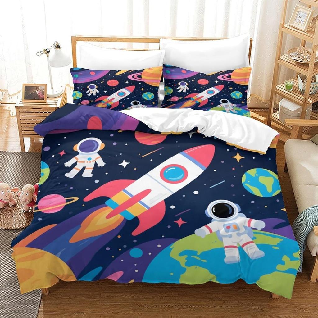 3D Bedding Set Duvet Cover Set,Astronaut In Outer Space With Pillowcases With Zipper Closure Quilt Case Printed For Kids Boy Gir