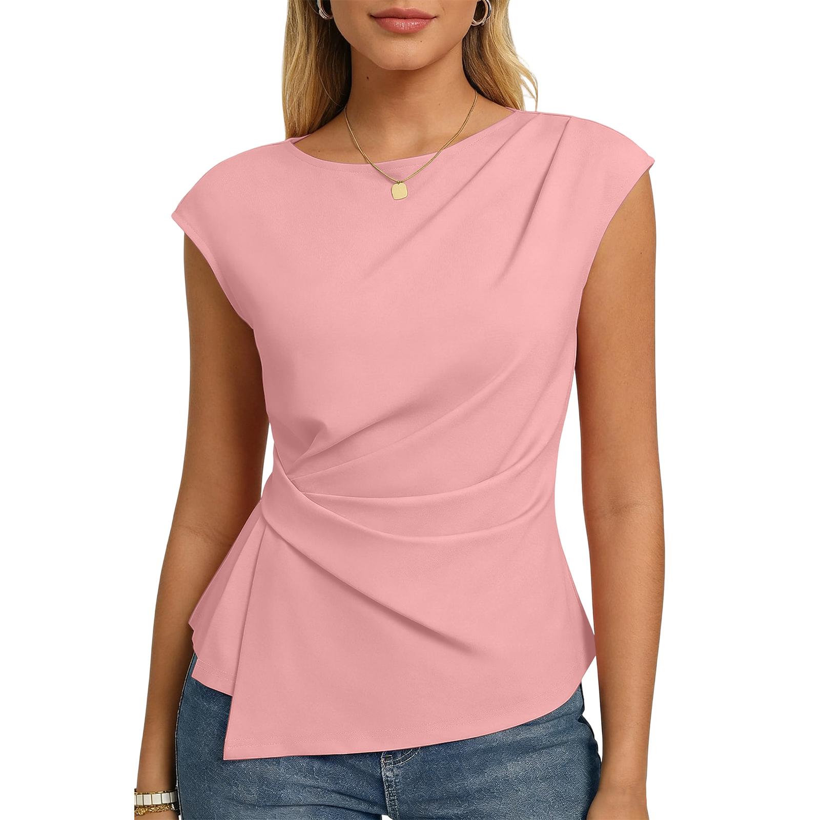 Women s Casual Top Monochrome Pleated Top Round Neck Short Sleeved Shirt S розовый