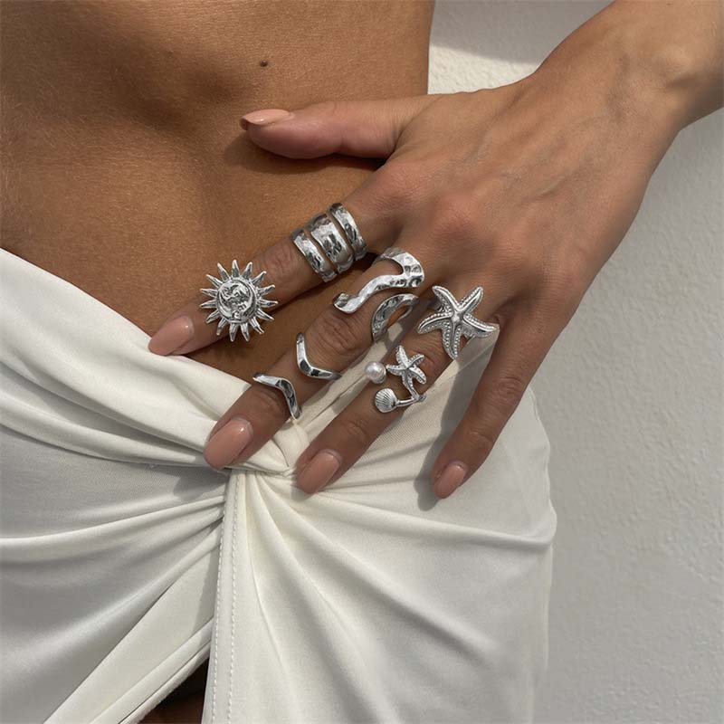 6Pcs/Set Vintage Gold Color Starfish Shell Rings Set For Women Exaggerated Metal Large Pearl Star Knuckle Rings Beach Jewelry