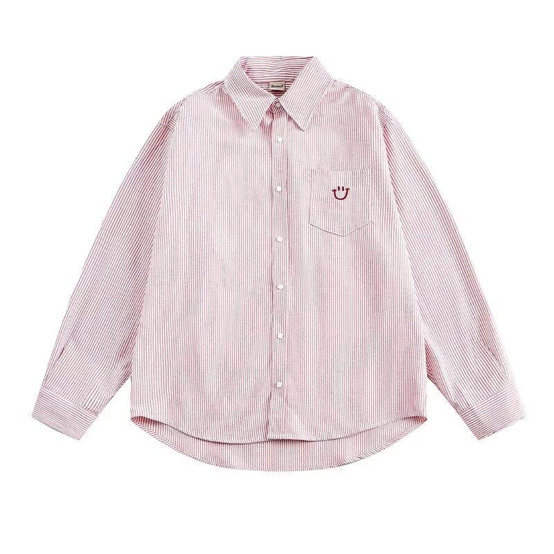 Весенне-осенняя парная вышитая полосатая рубашка в японском ретро-стиле с карманом, мужская и женская универсальная куртка M розовый