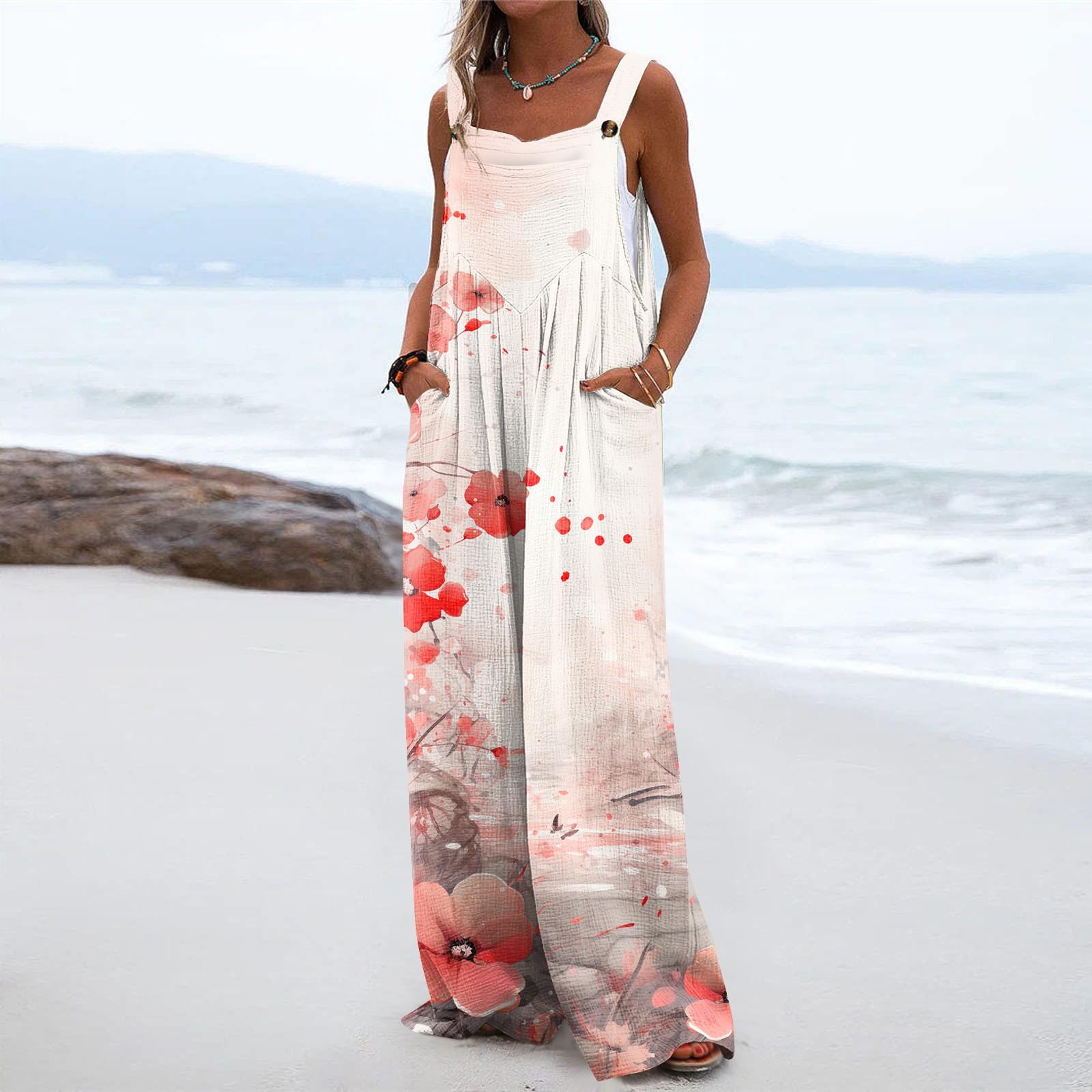 

Женский комбинезон с широкими штанинами, повседневный свободный комбинезон без рукавов, длинные брюки с длинными брюками и карманами на пуговицах с обычным принтом XXL белый