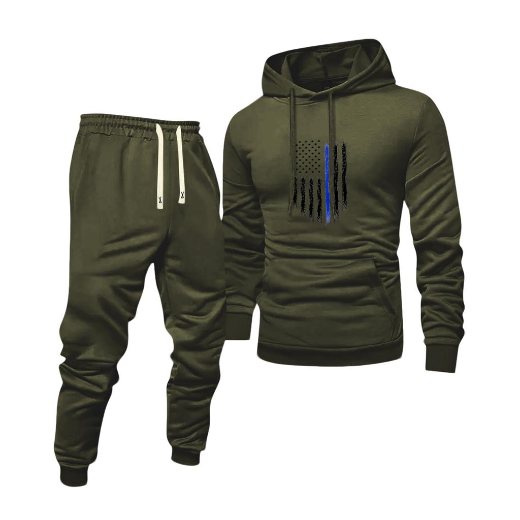 Men's Solid Color Flag Print Hooded Universal Versatile Hooded Sweatshirt Sweatpants Casual Sports Suit