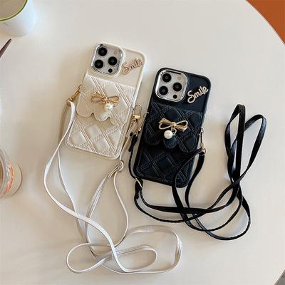 Portafoglio con Fiocco e Perle Custodia per Telefono per IPhone17Promax Cordino a Tracolla Strass Inglese per Apple 15 Femminile