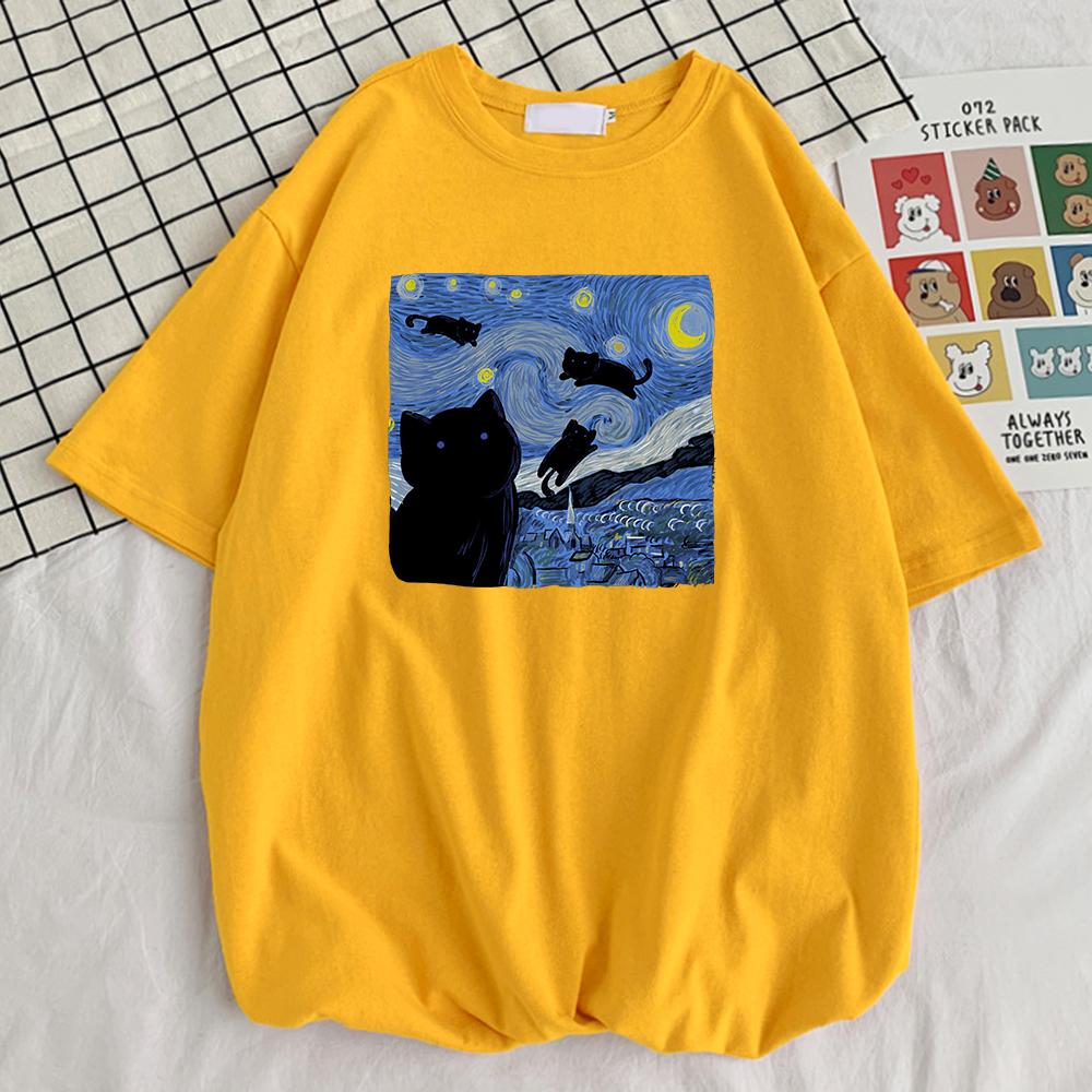 Vincent Van Gogh Starry Night Cute Cat Unisex Cotton Short Sleeve Crewneck Casual Tops Creative Oversize Short Sleeve Unisexs Clothing