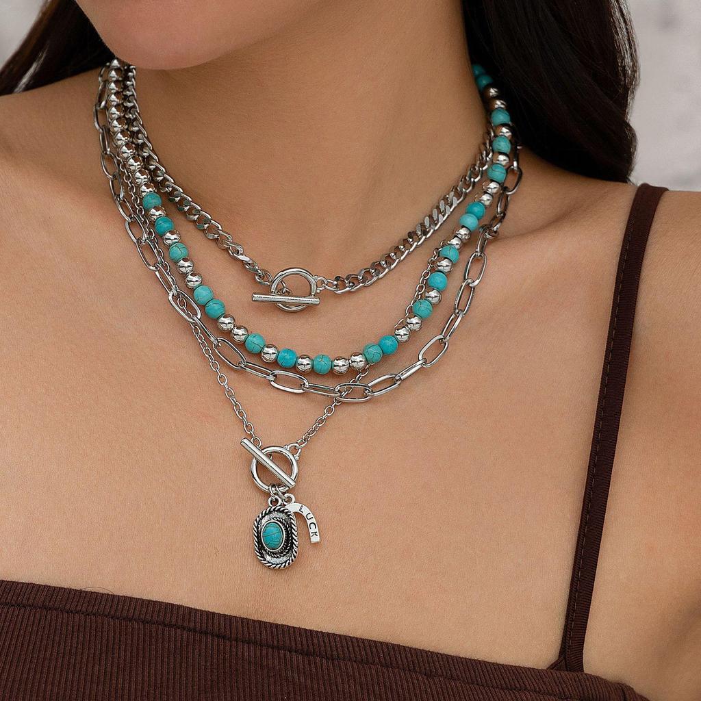 European-American Multilayer Turquoise Necklace with Star Alloy Geometric Design